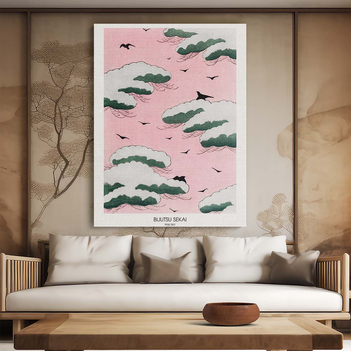Vintage Pink Sky Illustration Poster by Bijutsu Sekai, Ukiyo-e Style by Luxuriance Designs, made in USA