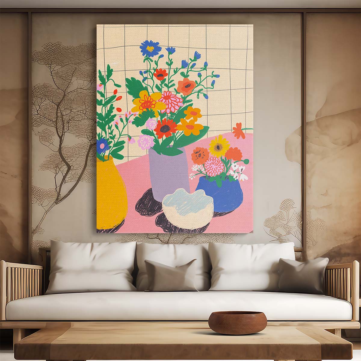 Colorful Botanical Illustration of Spring Flowers on Pink Table by Luxuriance Designs, made in USA