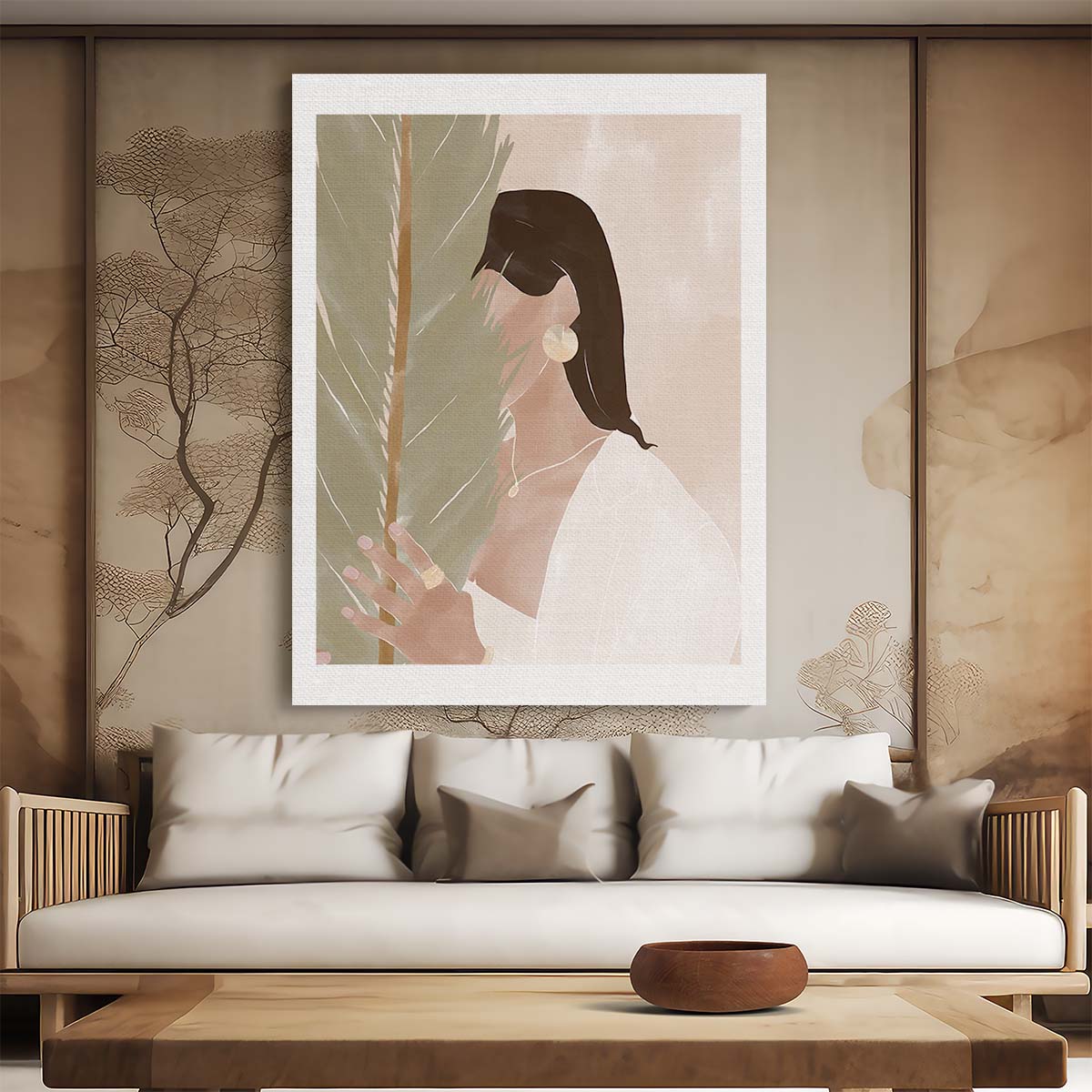 Botanical Boho Girl Portrait, Brunette with Plant Illustration Artwork by Luxuriance Designs, made in USA