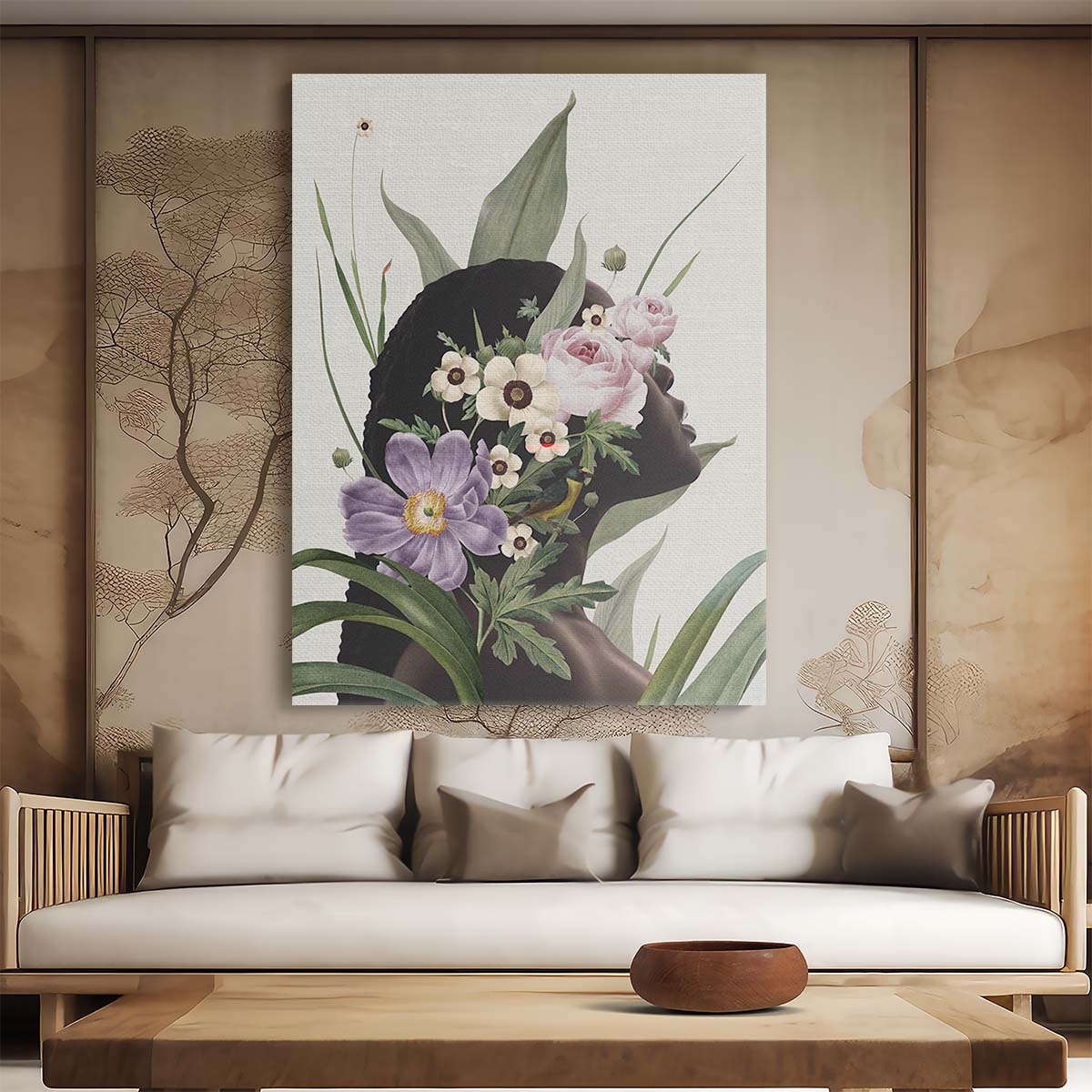 Botanical Collage Portrait of Beautiful Woman with Purple Roses by Luxuriance Designs, made in USA
