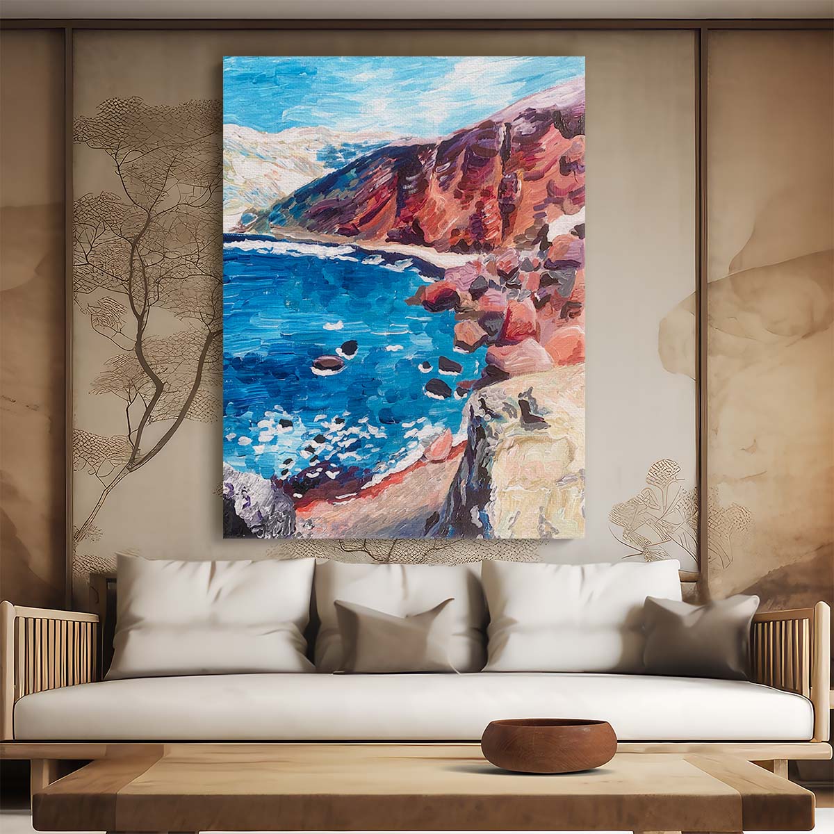 Santorini Red Sand Beach Acrylic Illustration Artwork, Greece Coastal Landscape by Luxuriance Designs, made in USA