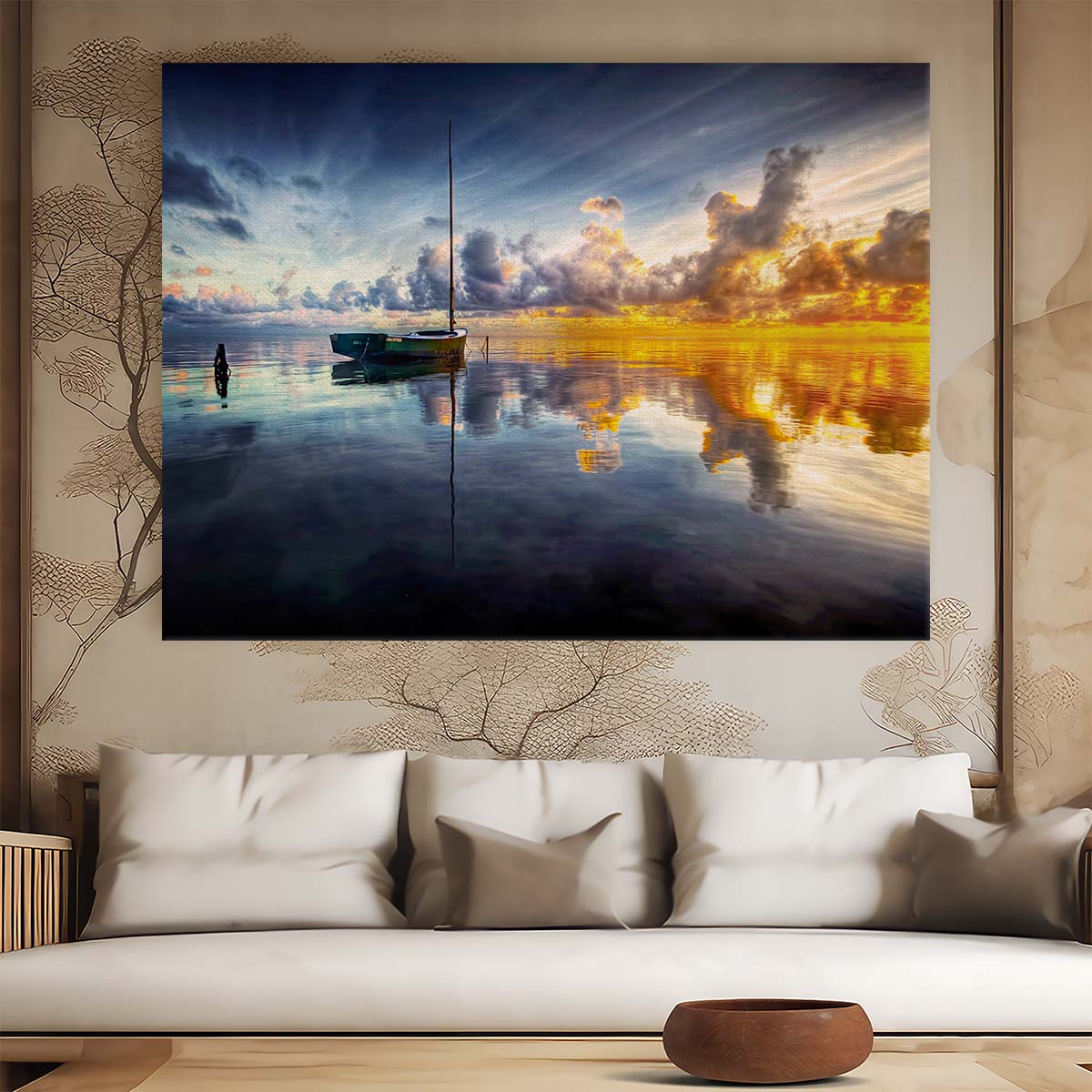 Golden Sunrise Sailboat Reflection Kaneohe Bay Wall Art by Luxuriance Designs. Made in USA.