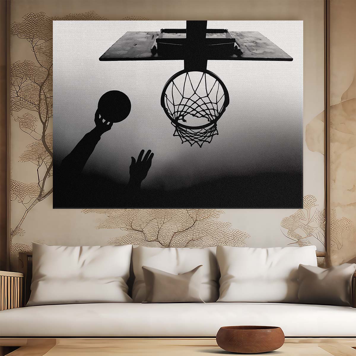 Dynamic Basketball Dunk Minimalist Black & White Wall Art by Luxuriance Designs. Made in USA.