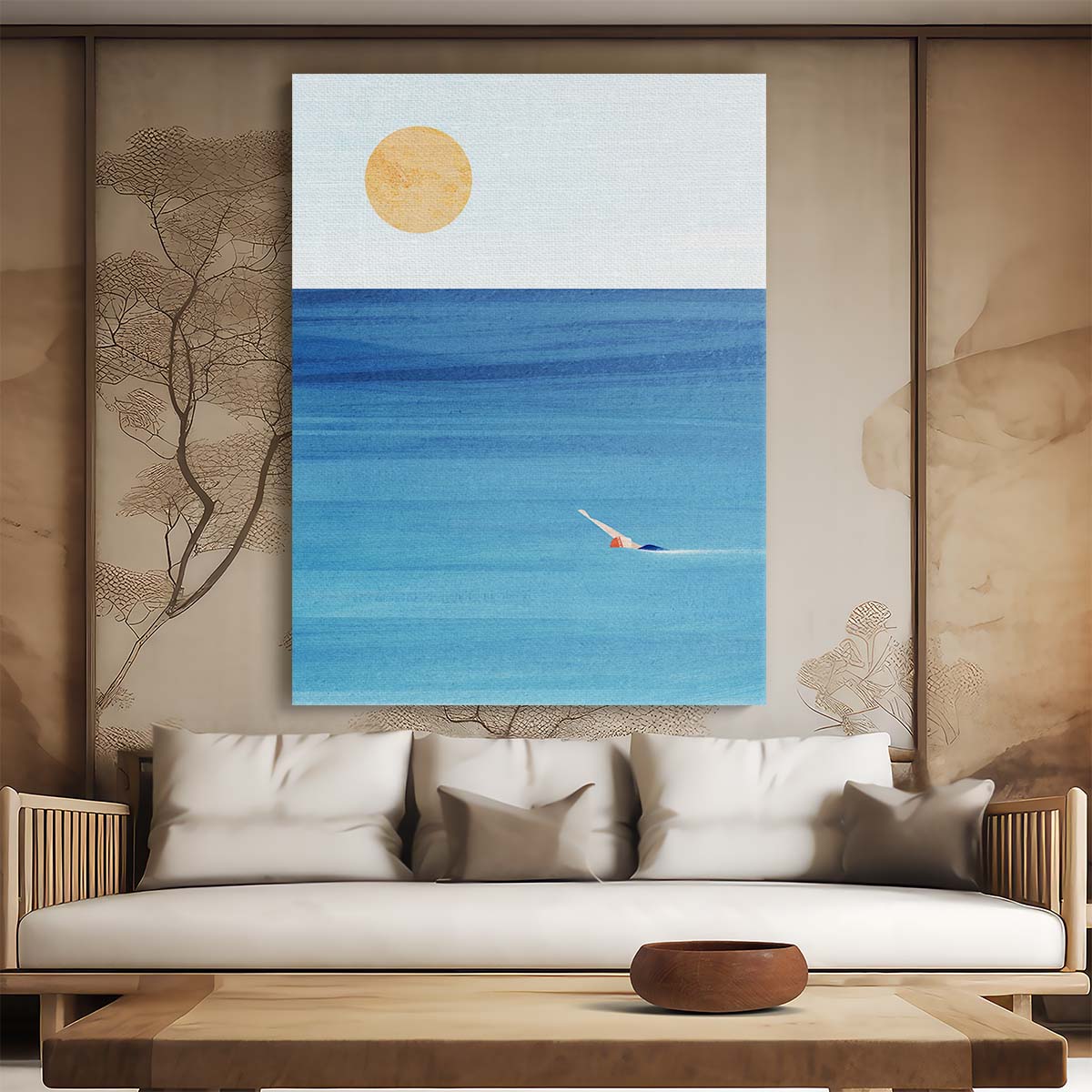 Tranquil Seascape Swimmer Illustration Art by Longwayhome by Luxuriance Designs, made in USA