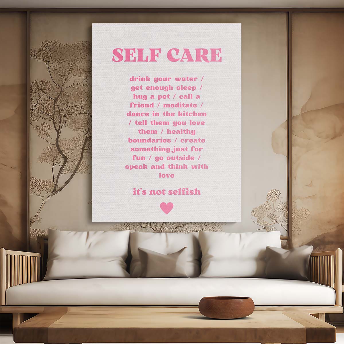 Inspirational Pink Typography Illustration - Self Care Quote by Luxuriance Designs, made in USA