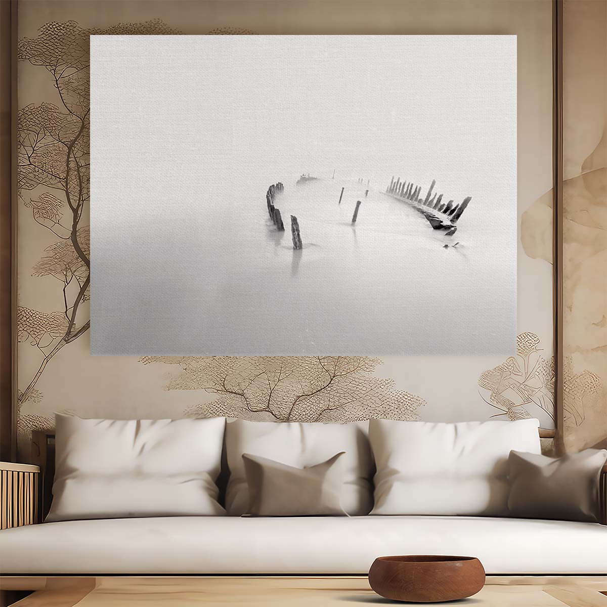 Desolate Shipwreck in Misty Ocean Landscape Wall Art by Luxuriance Designs. Made in USA.