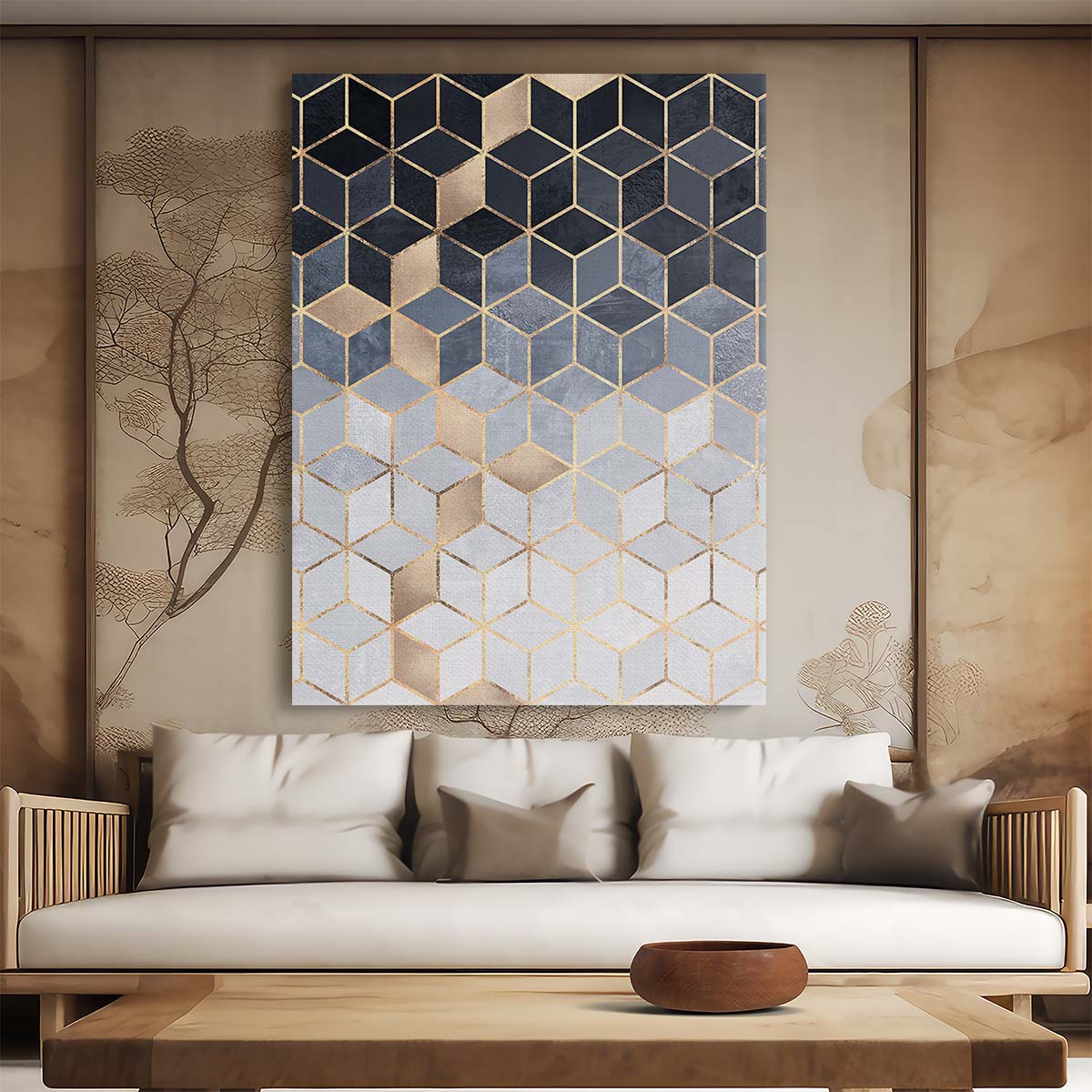 Golden Cubes Abstract Geometry Illustration Wall Art by Luxuriance Designs, made in USA
