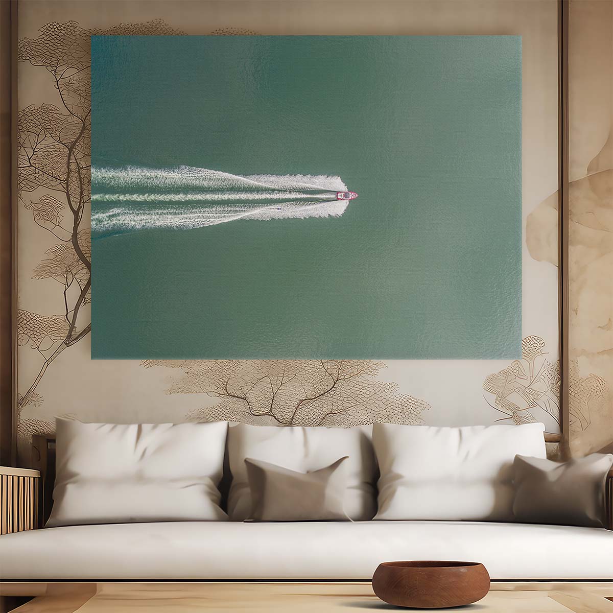 Speedboat Race Minimalist Aerial Seascape Wall Art by Luxuriance Designs. Made in USA.