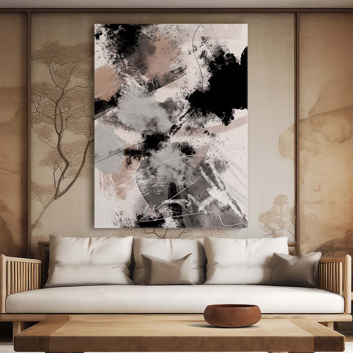 Abstract Geometric Splash Storm Illustration Painting in Beige by Luxuriance Designs, made in USA