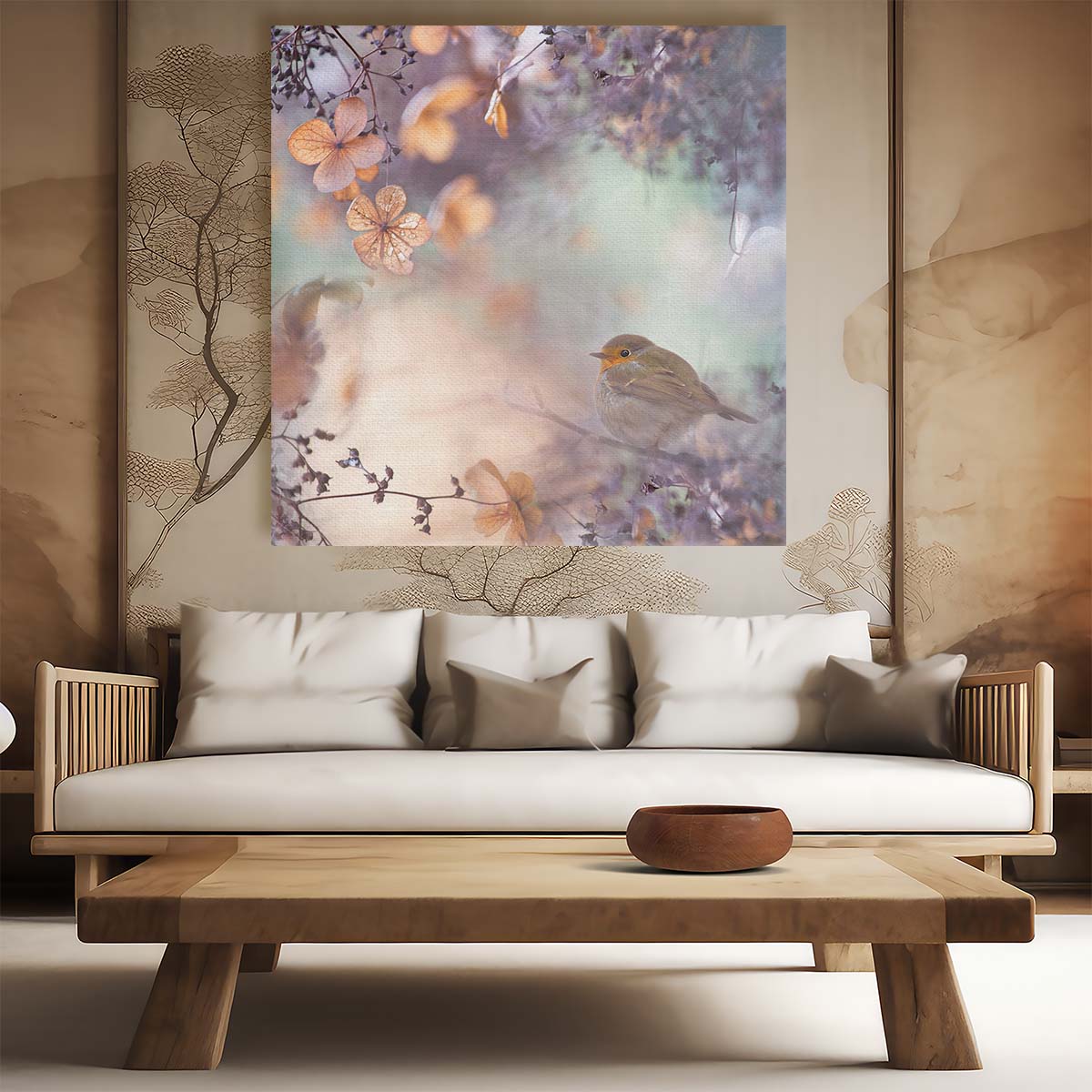 Dreamy Enchanted Winter Hydrangea & Robin Floral Photography Wall Art by Luxuriance Designs. Made in USA.