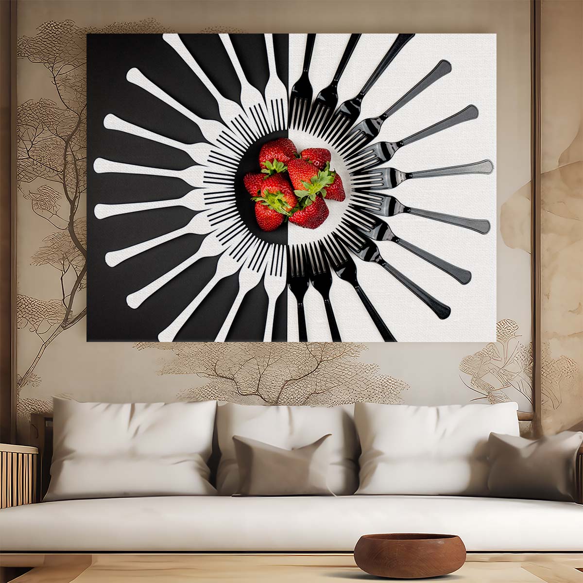 Yin Yang Strawberry Forks Abstract Kitchen Wall Art by Luxuriance Designs. Made in USA.