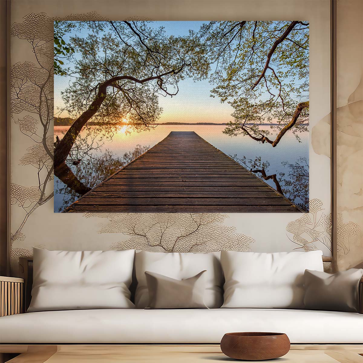 Serene Sunrise Lake Dock Zen Landscape Photography Wall Art