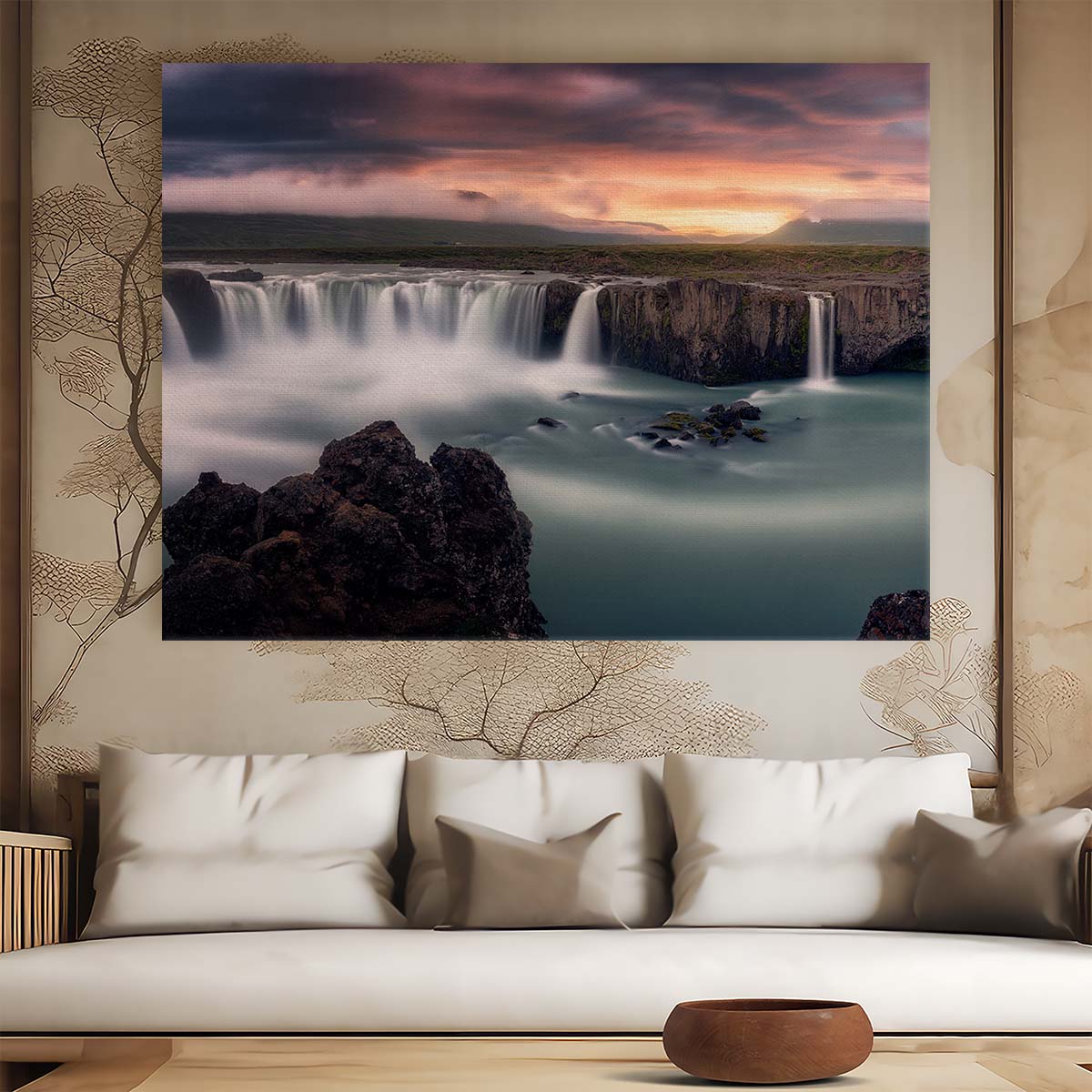 Icelandic Godafoss Waterfall Sunset Panorama - Majestic Landscape Photography Wall Art