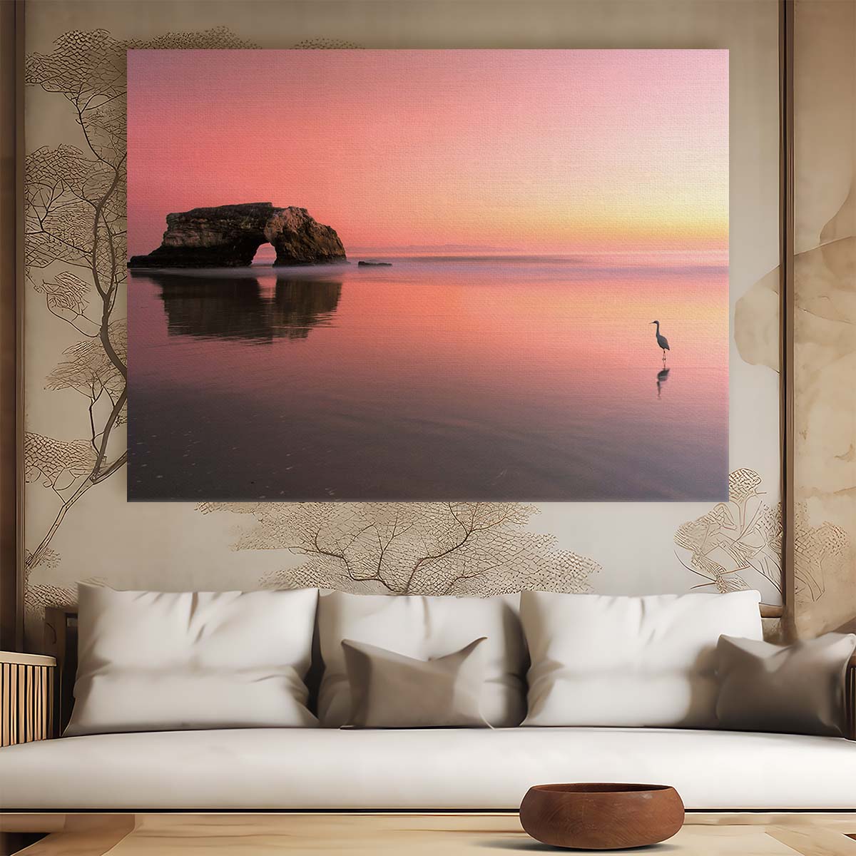 Serene Pink Sunset Seascape with Heron Wall Art by Luxuriance Designs. Made in USA.