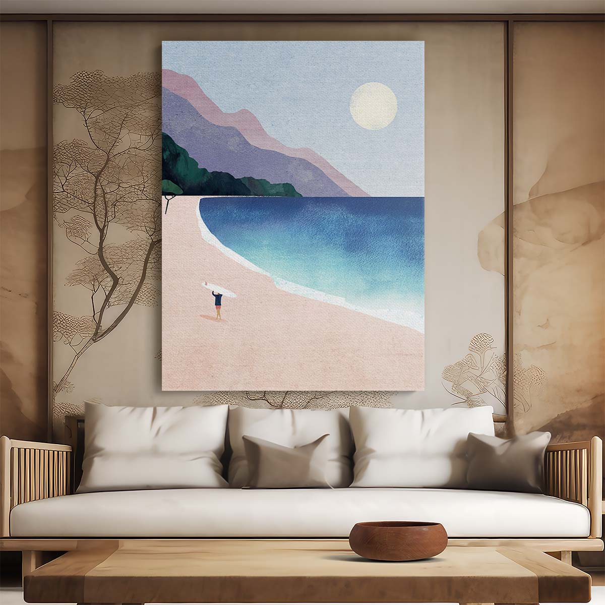 Hawaiian Surf Beach Illustration, Colorful Coastal Seascape Artwork by Luxuriance Designs, made in USA