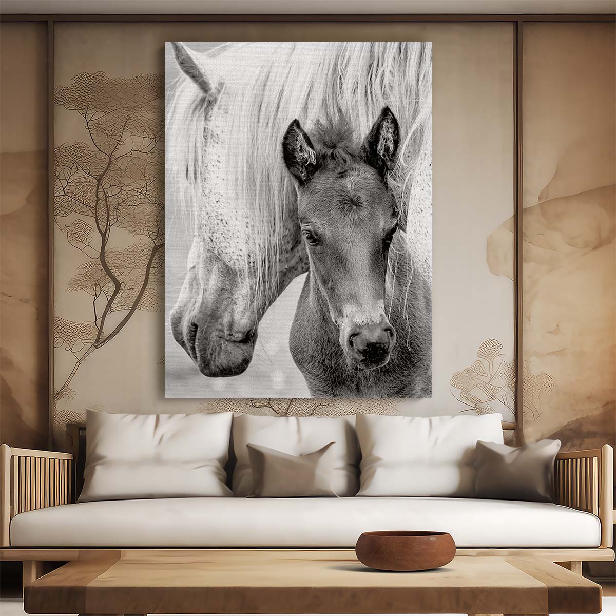 Monochrome Equestrian Love Mother Horse and Foal Photography Art by Luxuriance Designs, made in USA