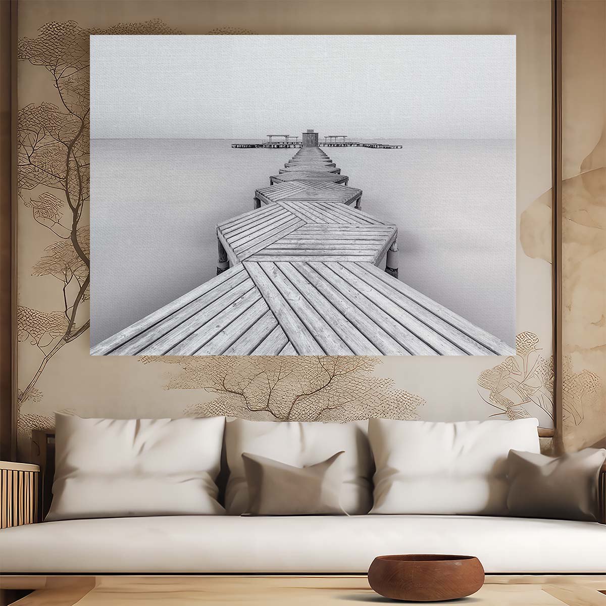 Serene Long Exposure Black and White Pier Photography Wall Art