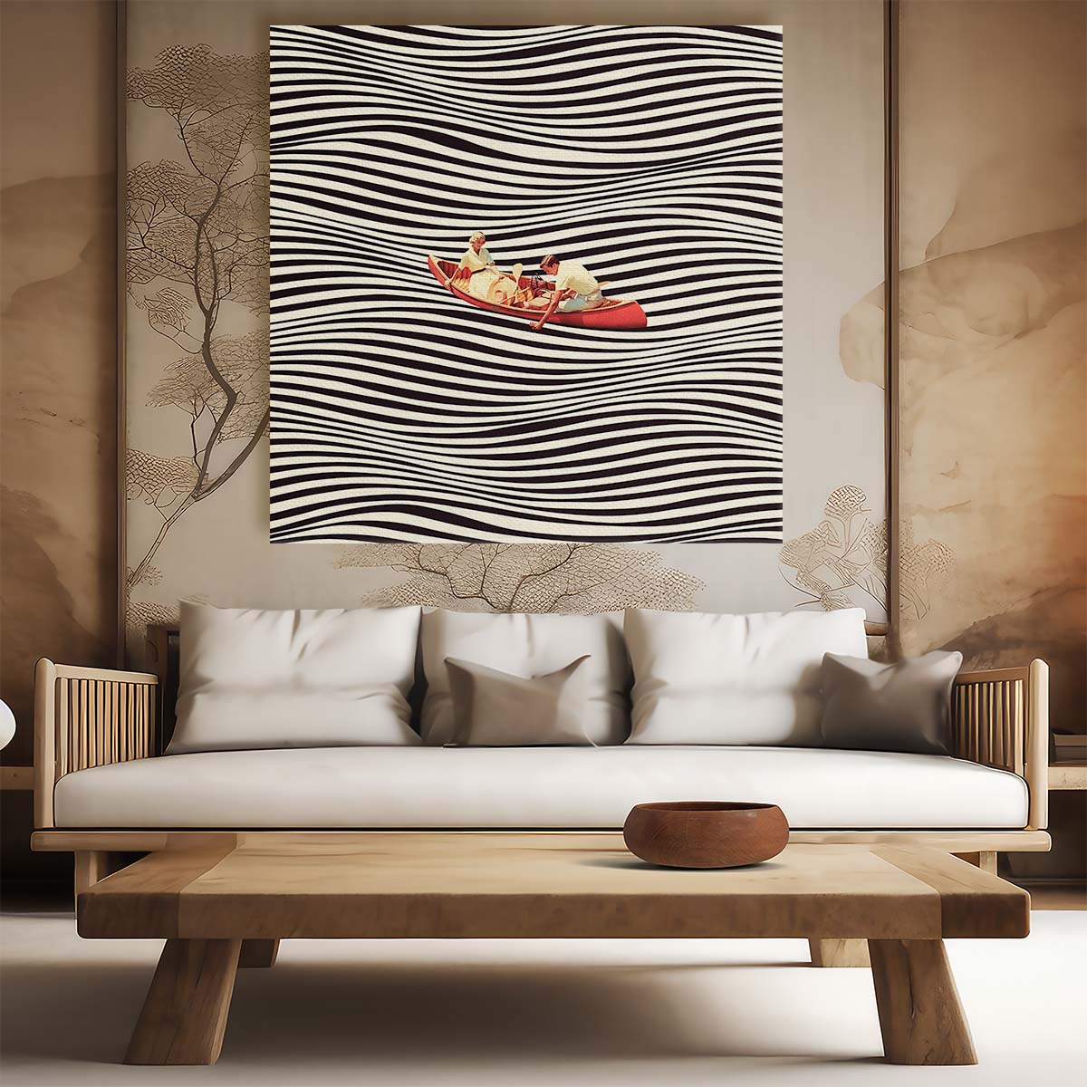 Enchanting Boat Journey Optical Illusion Minimalist Wall Art by Luxuriance Designs. Made in USA.