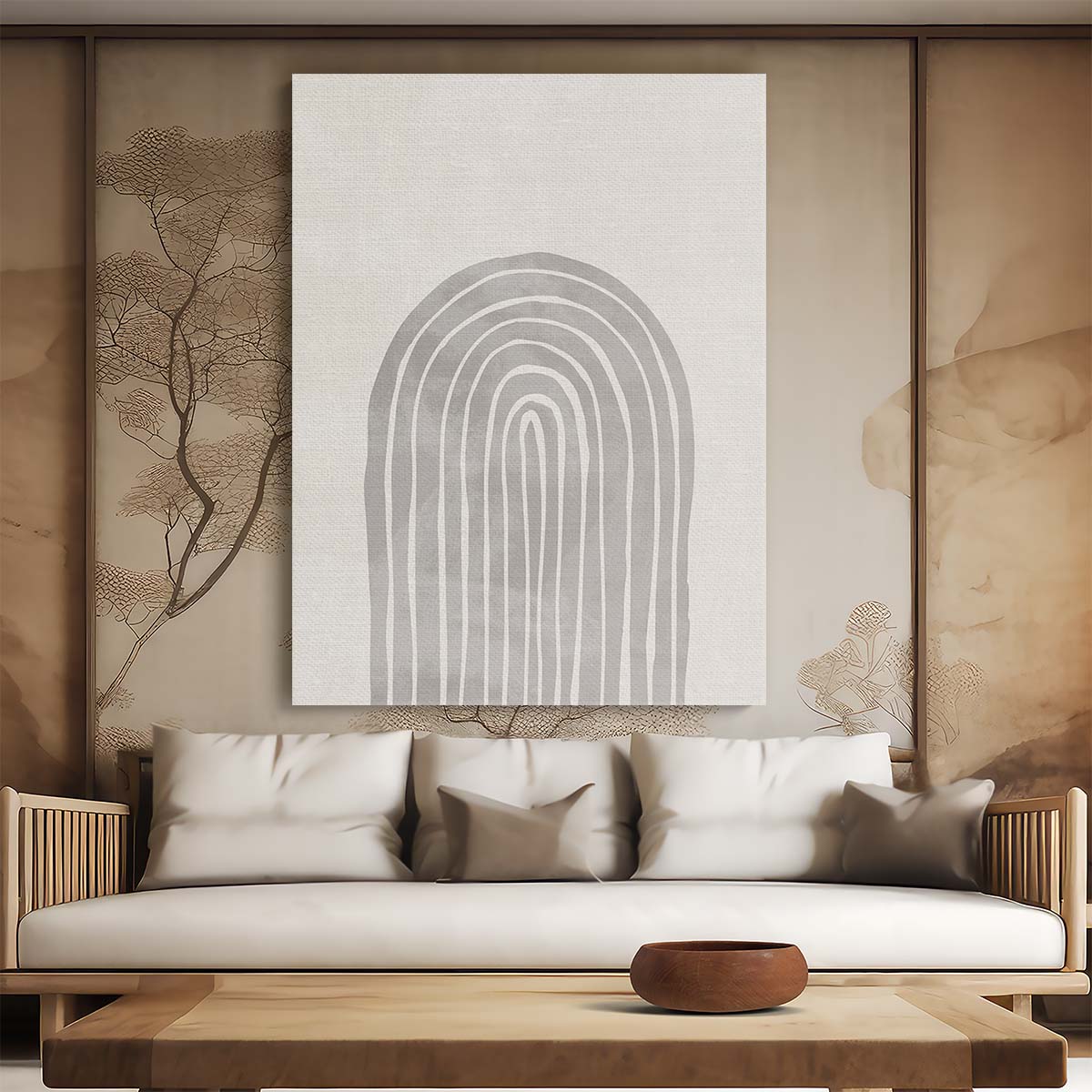 Abstract Geometric Illustration Symmetric Arch Shapes in Beige & Gray by Luxuriance Designs, made in USA