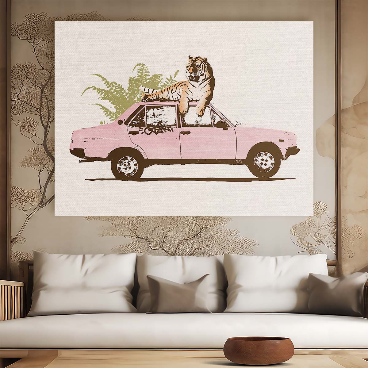 Tiger on Car Illustration Bright, Leafy Automobile Art Wall Art