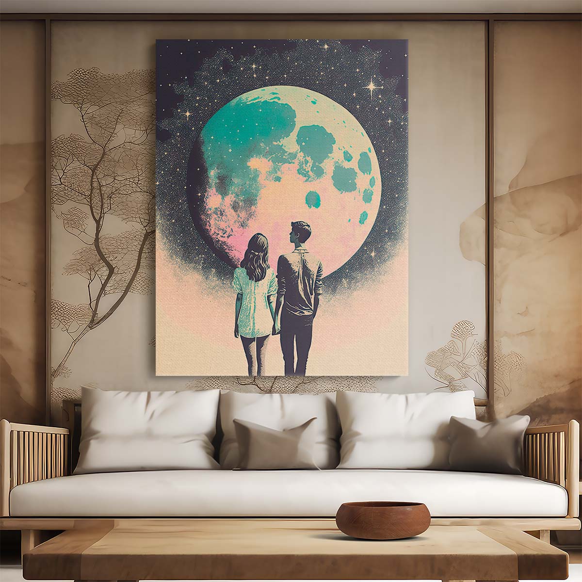 Pastel Moonlit Love Illustration Starry Night Couple Wall Art by Luxuriance Designs, made in USA