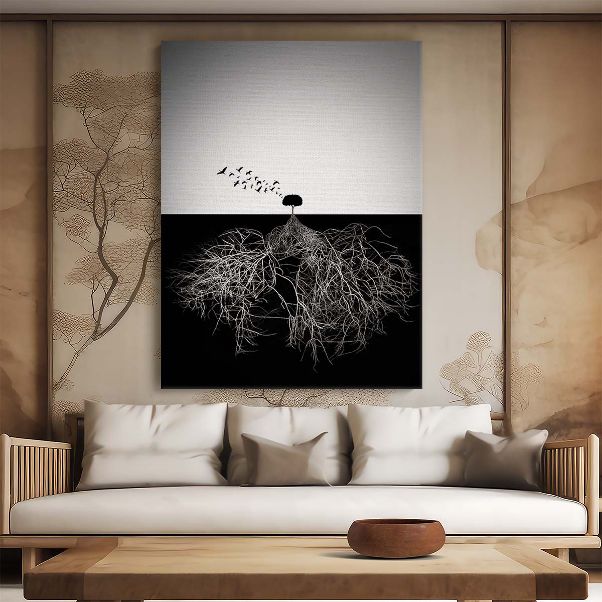 Surrealist Black & White Tree Roots Birds Photo Montage Artwork by Luxuriance Designs, made in USA