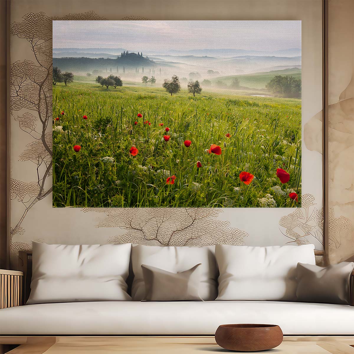 Tuscan Spring Sunrise Poppy Fields & Cypress Landscape Wall Art