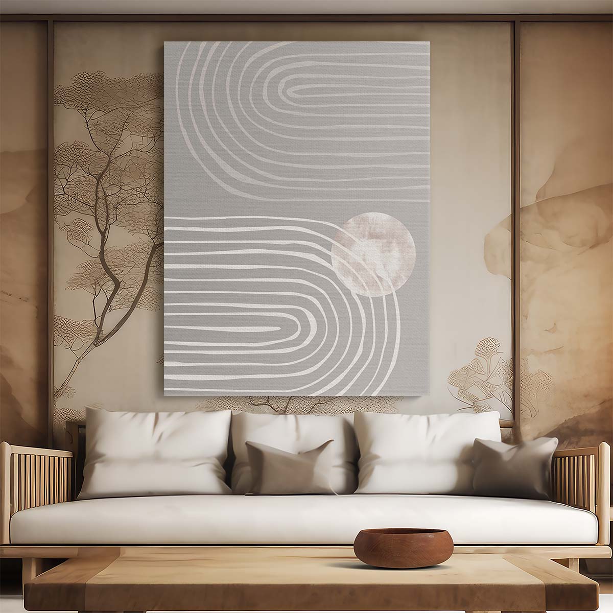 Illustrated Abstract Geometric Arch Artwork - Beige Circular Shapes by Luxuriance Designs, made in USA