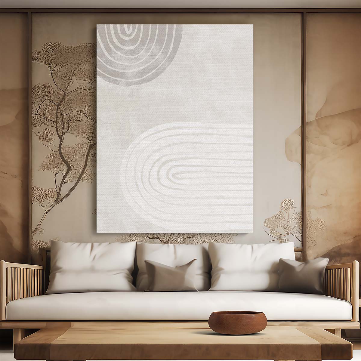 Abstract Geometric Illustration - Symmetrical Arches in Beige & Gray by Luxuriance Designs, made in USA