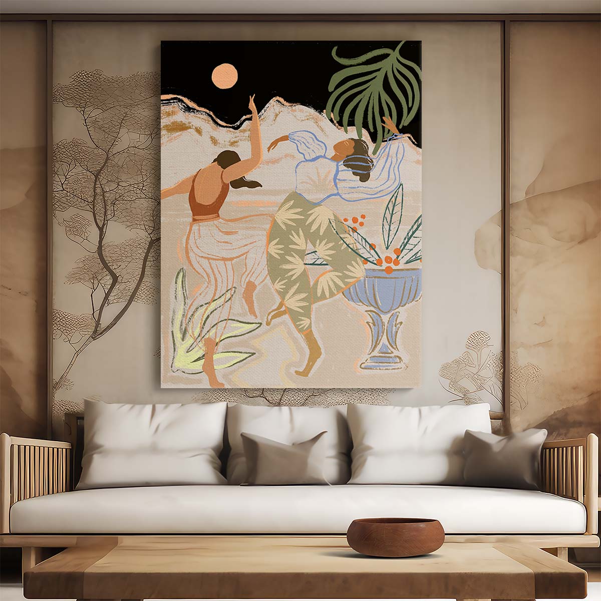 Joyful Dancing Women Moonlight Illustration with Tropical Botanicals by Luxuriance Designs, made in USA
