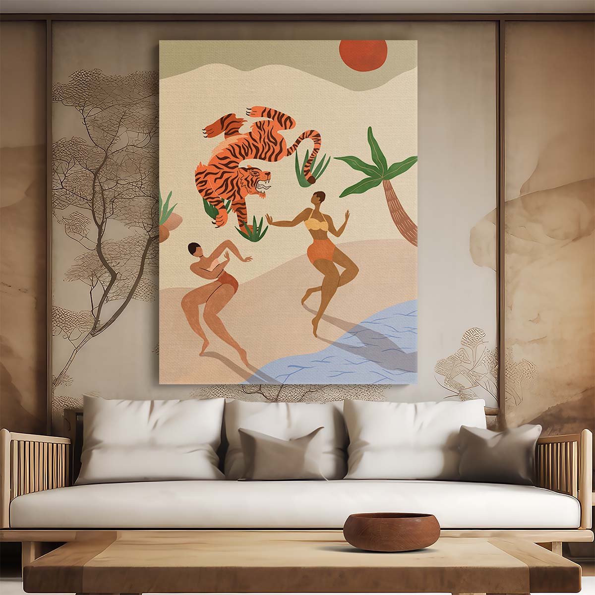 Exotic Beach Dance with Tigers Figurative Illustration Art by Luxuriance Designs, made in USA