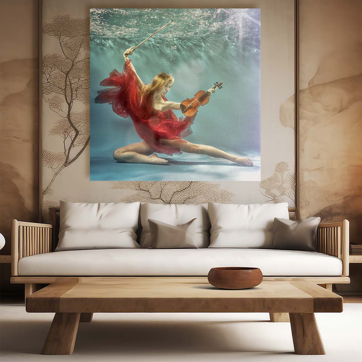 Enchanting Underwater Violinist Performance Romantic Art Photography Wall Art by Luxuriance Designs. Made in USA.