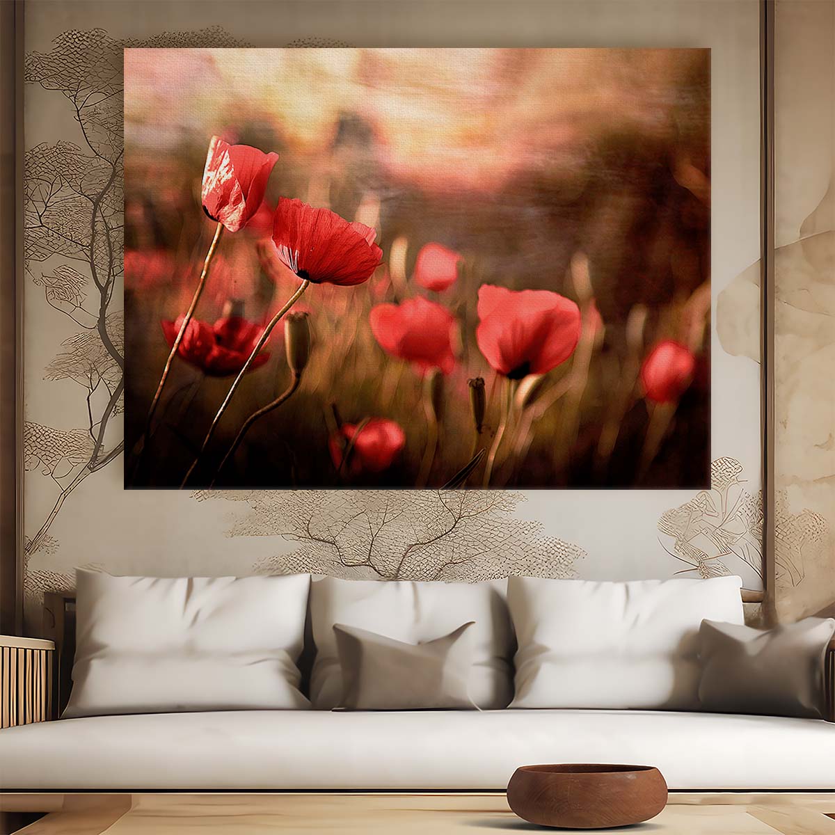 Romantic Red Poppy Sunrise Meadow Wall Art by Luxuriance Designs. Made in USA.