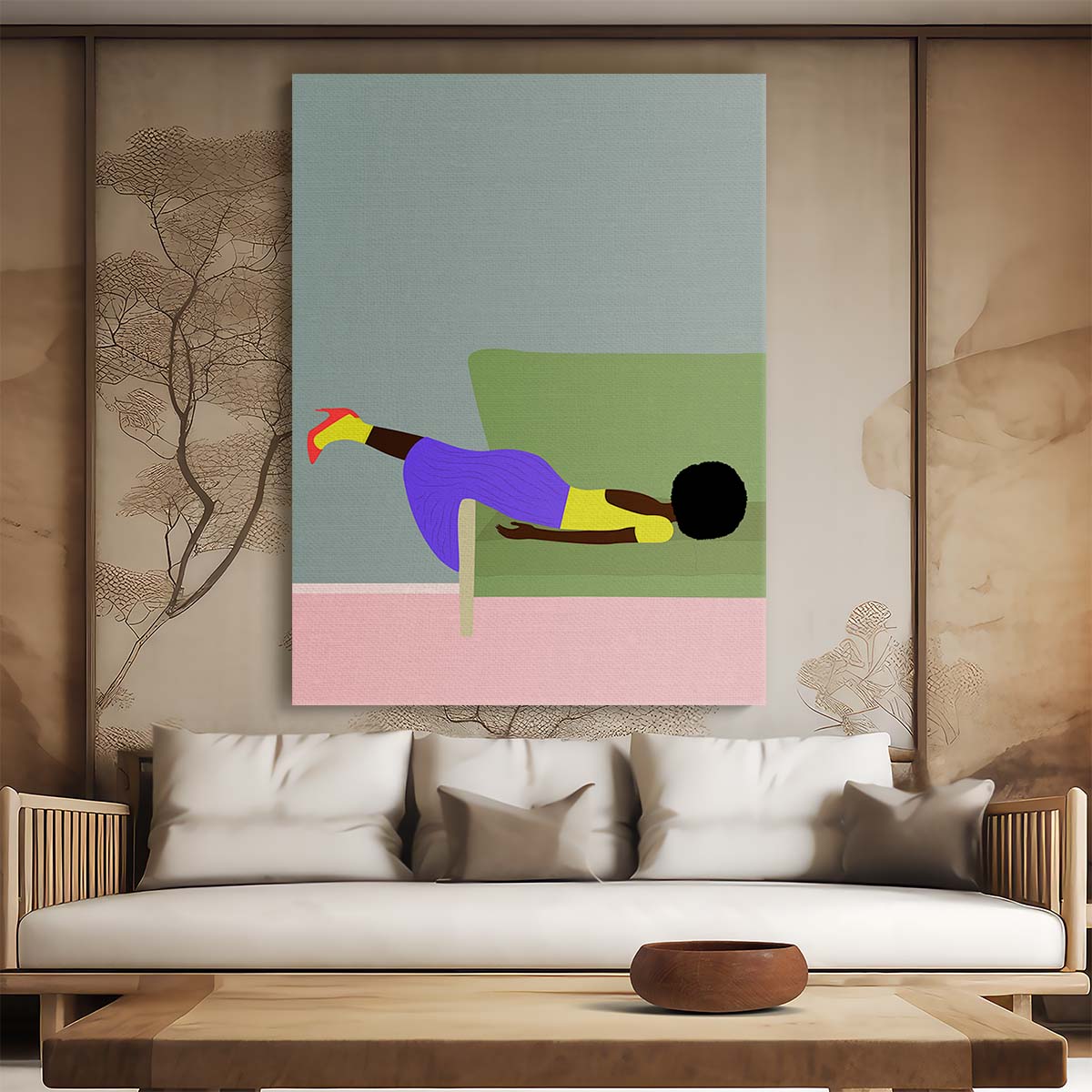 Black Woman Resting on Sofa Illustration, Fashionable Wall Art by Luxuriance Designs, made in USA