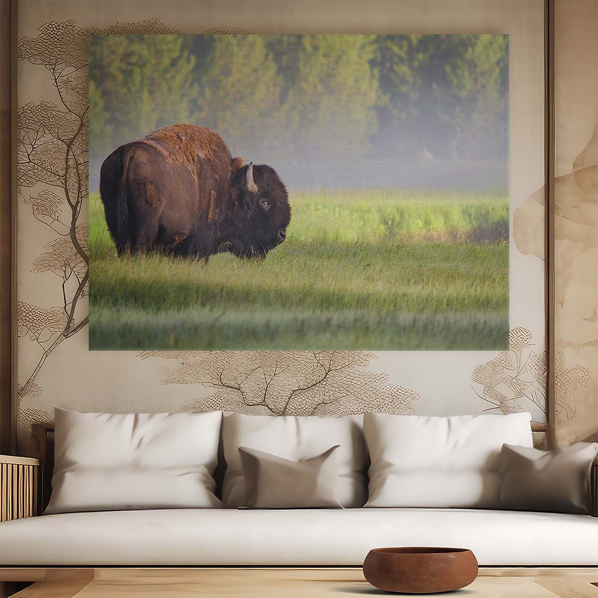 Misty Dawn Bison Sunrise Yellowstone Wall Art by Luxuriance Designs. Made in USA.