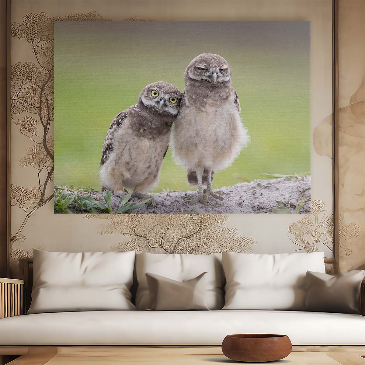 Adorable Owl Siblings Embrace Wildlife Wall Art by Luxuriance Designs. Made in USA.
