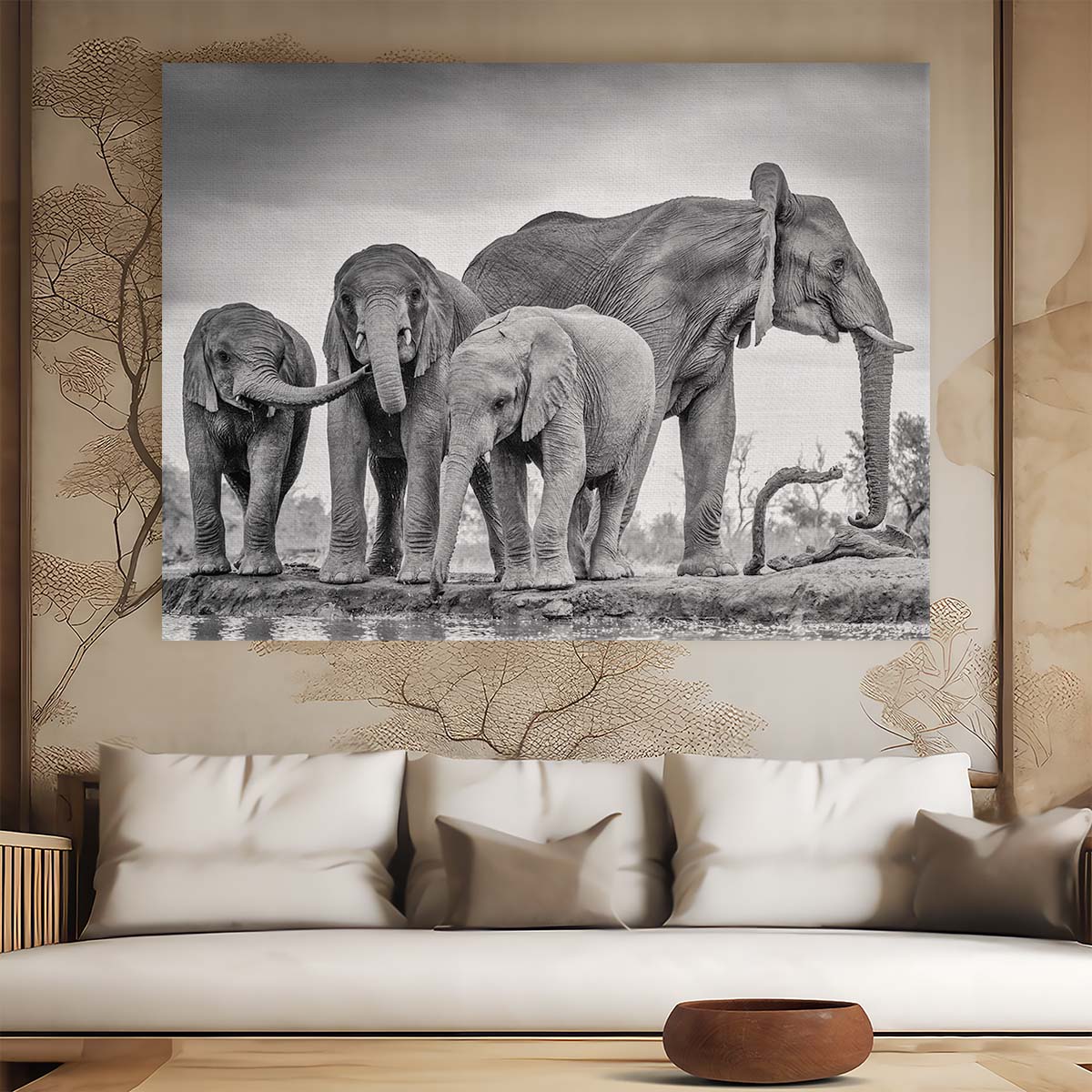 Majestic Elephant Family Gathering Wall Art in Monochrome by Luxuriance Designs. Made in USA.