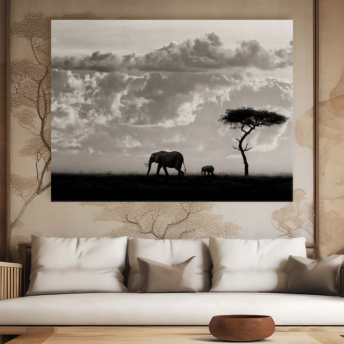 Majestic African Elephant Family Silhouette Wall Art by Luxuriance Designs. Made in USA.