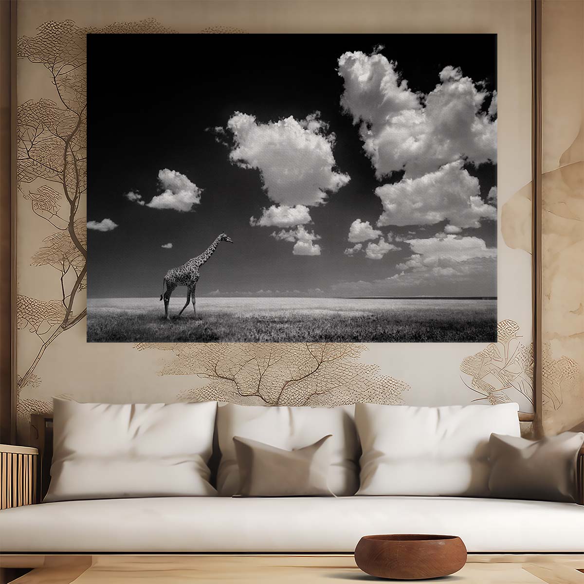 Monochrome Giraffe in Cloudy African Sky Wall Art by Luxuriance Designs. Made in USA.