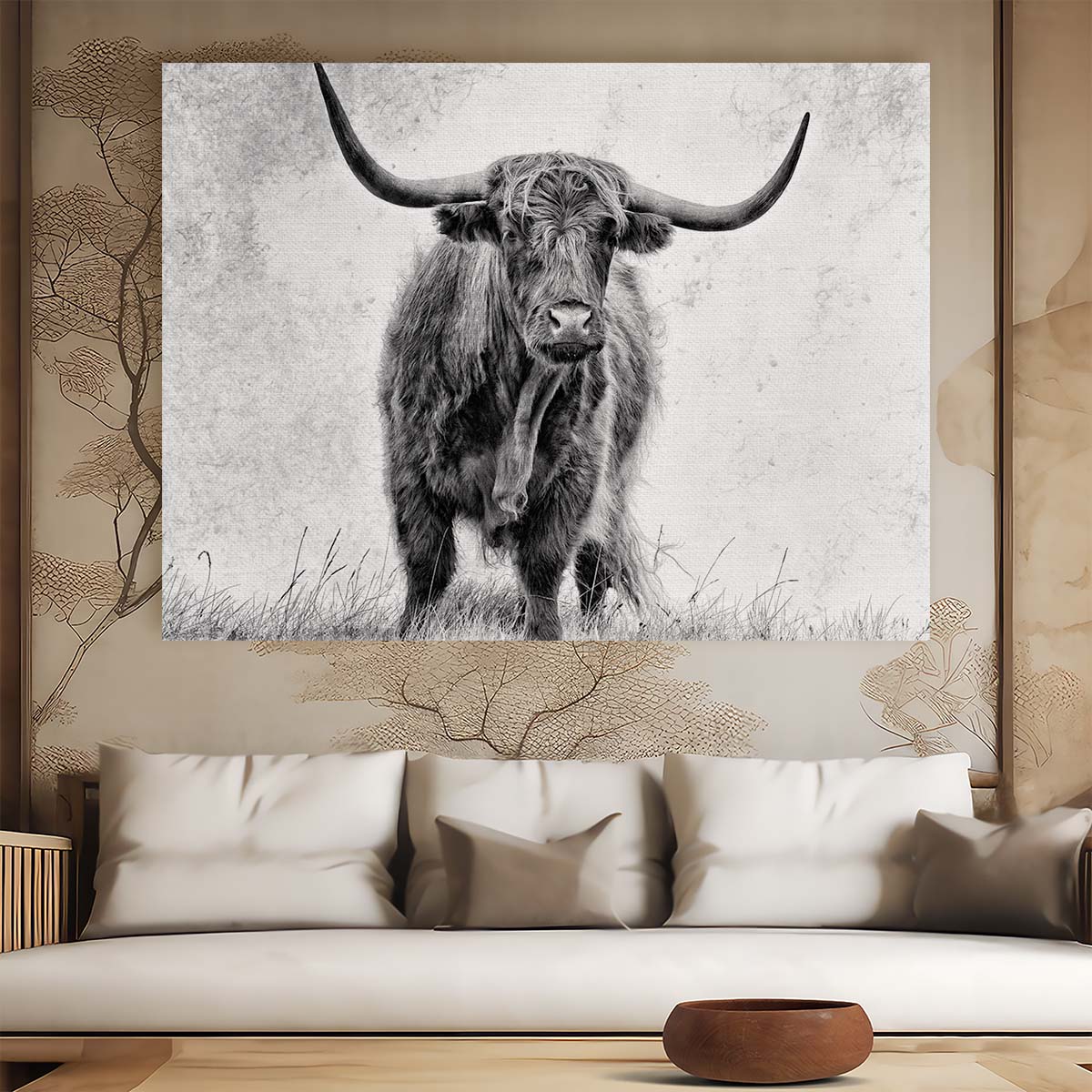 Monochrome Highland Cow in Countryside Field Wall Art by Luxuriance Designs. Made in USA.