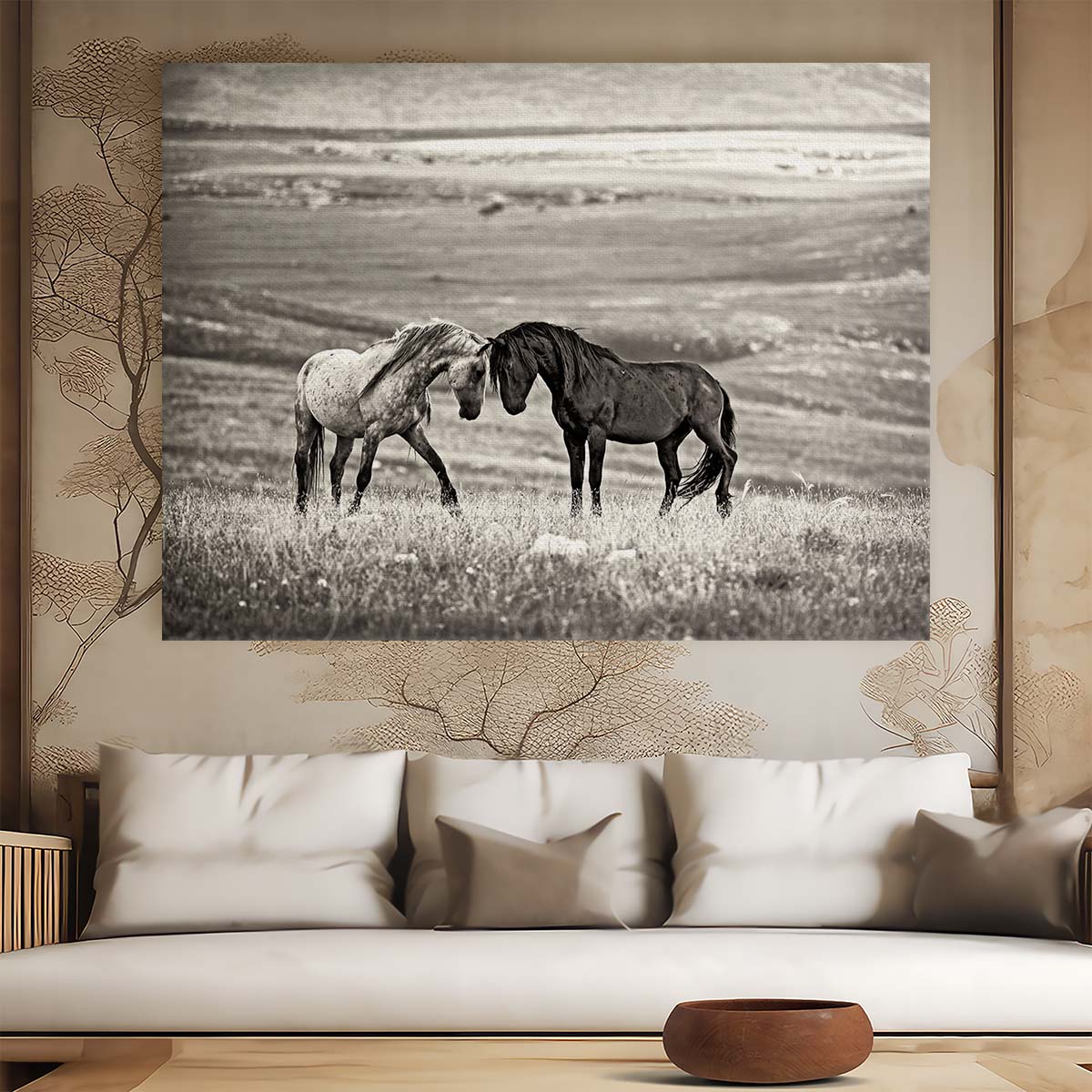 Romantic Horses Embrace in Sepia Landscape Wall Art by Luxuriance Designs. Made in USA.