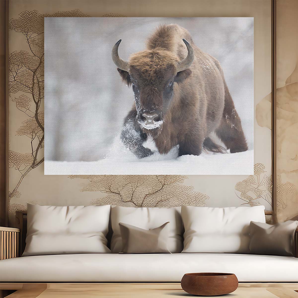 Majestic Snowy Bison in Winter Wilderness Wall Art by Luxuriance Designs. Made in USA.