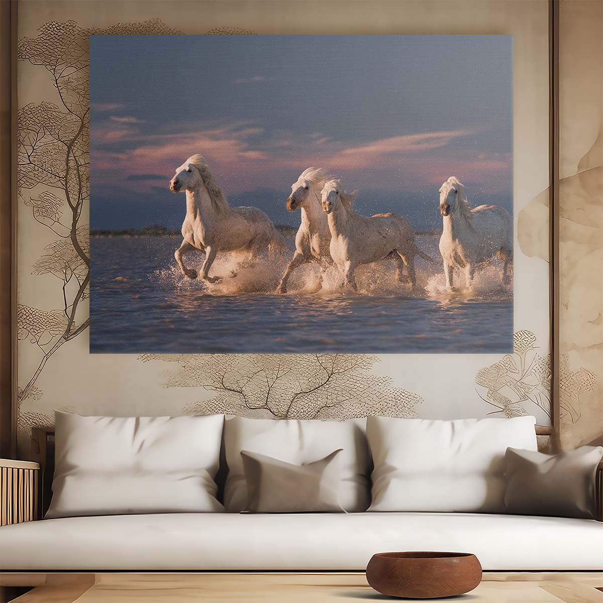 Camargue Horses' Sunset Sprint in Water Wall Art by Luxuriance Designs. Made in USA.