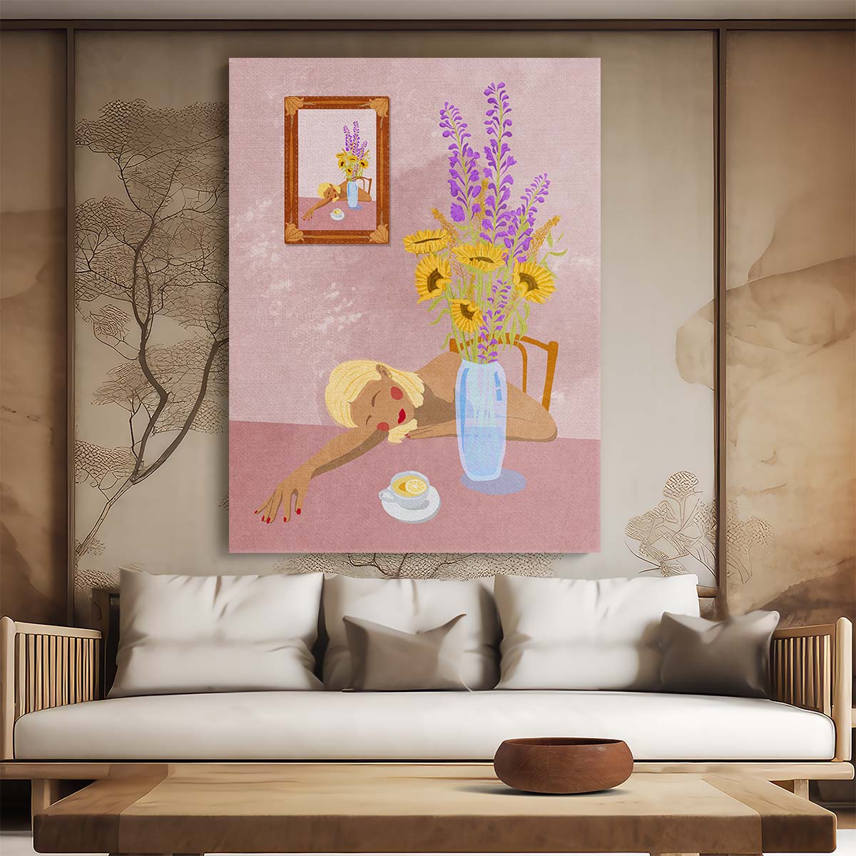 Daydreaming Woman Illustration with Sunflower Vase, Feminine Indoor Art by Luxuriance Designs, made in USA