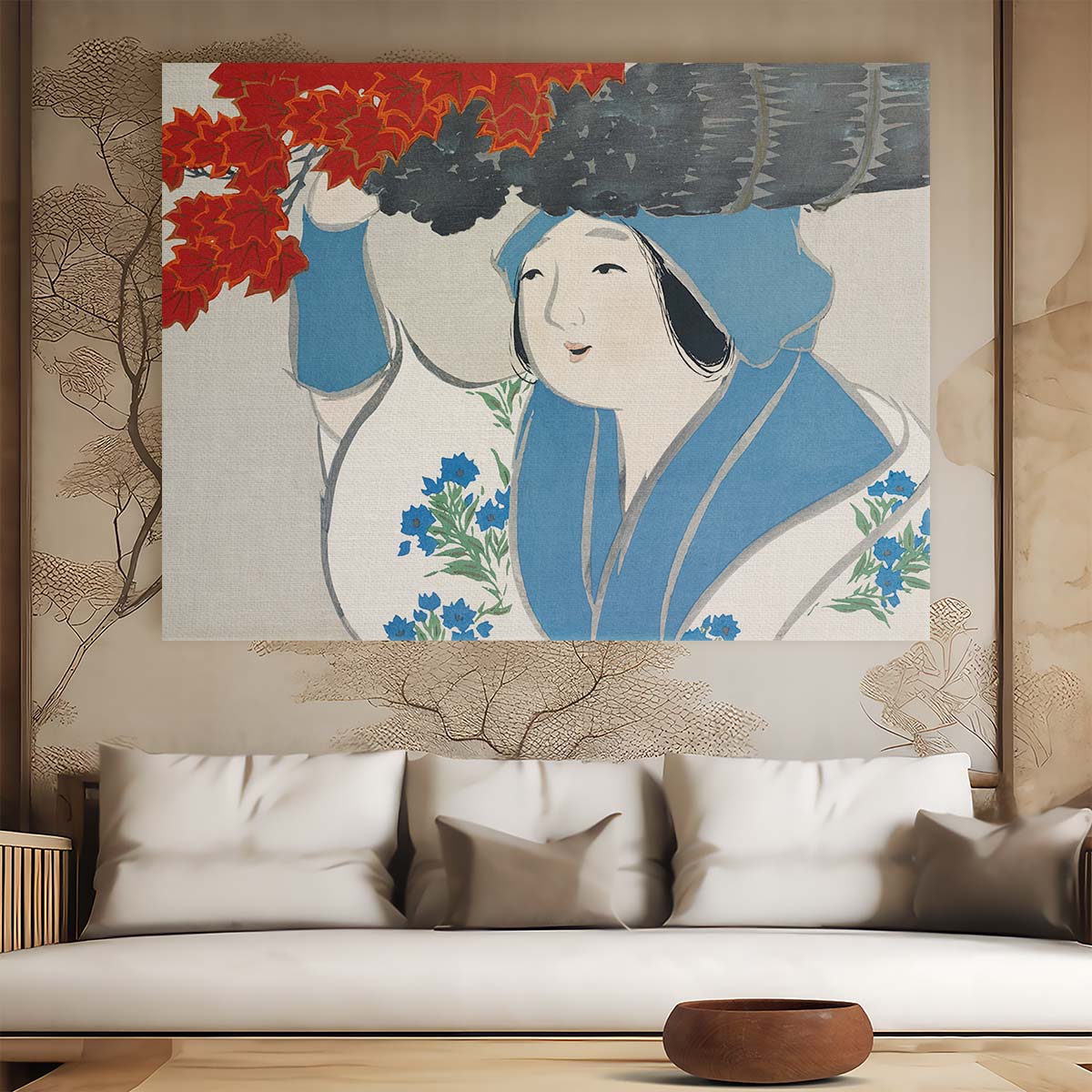 Momoyogusa Blue Woman Oil Painting by Kamisaka Sekka Wall Art