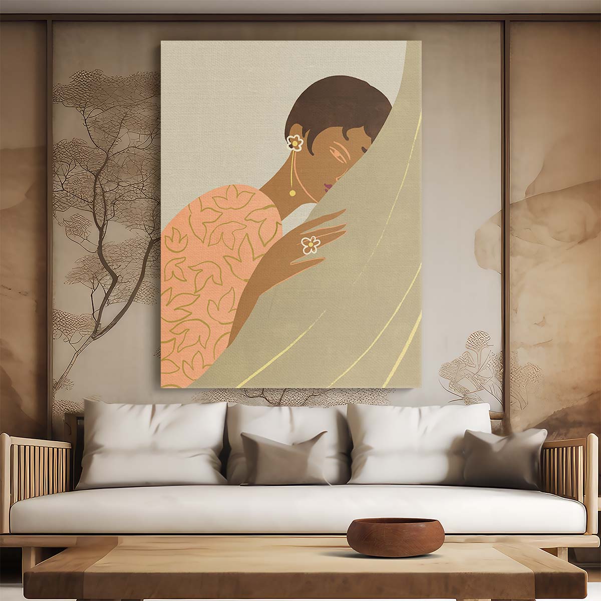 Relaxing Boho Woman Illustration with Pastel Floral Pattern Wall Art by Luxuriance Designs, made in USA