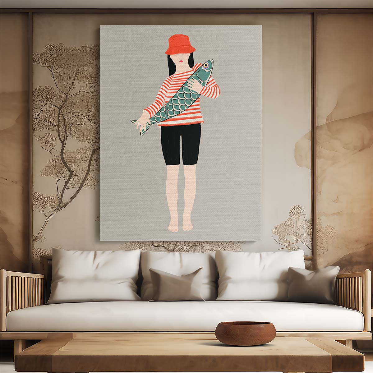 Japandi Red Illustration of Asian Girl Catching Fish, by Jota de jai by Luxuriance Designs, made in USA