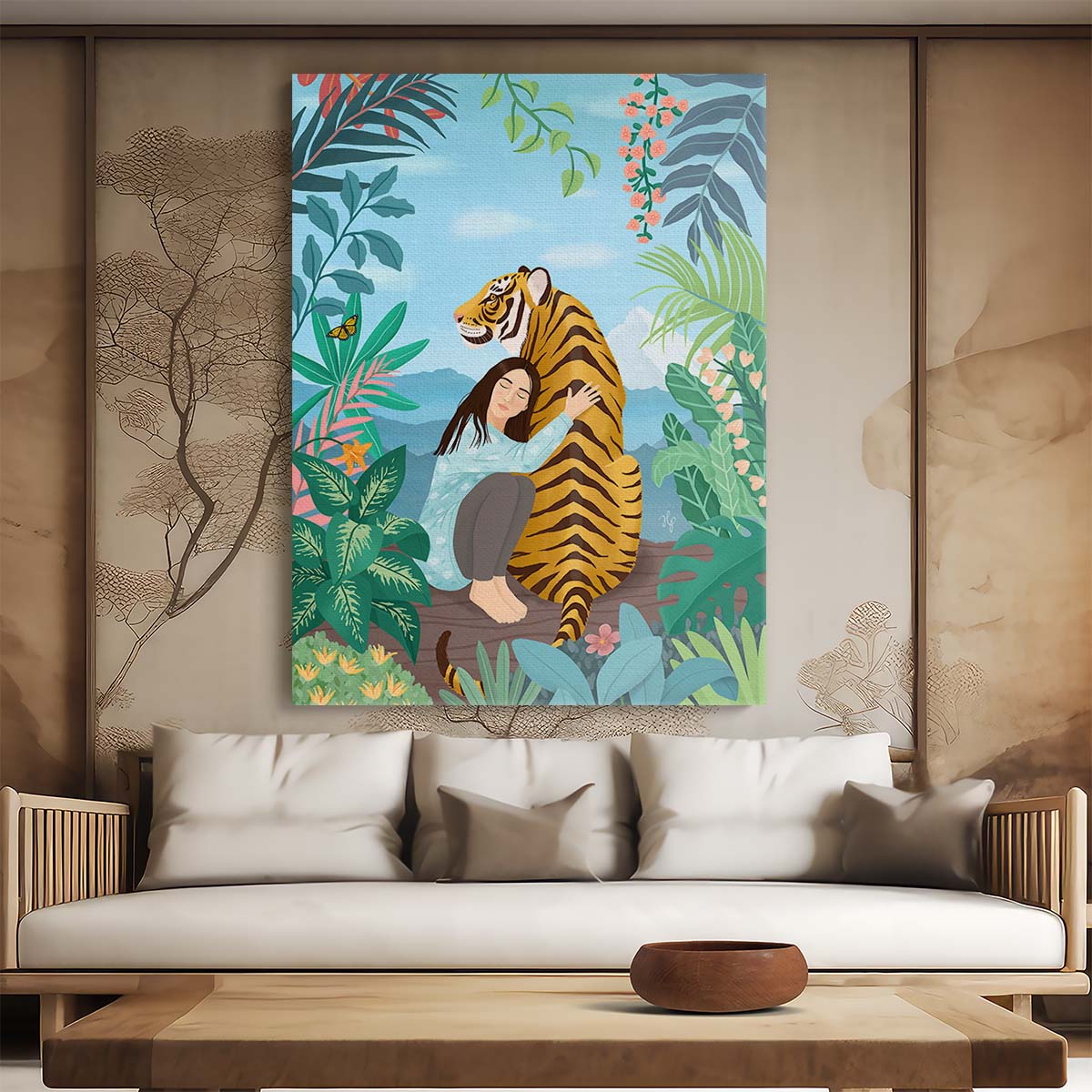 Tranquil Illustration of Woman Embracing Tiger in Tropical Paradise by Luxuriance Designs, made in USA