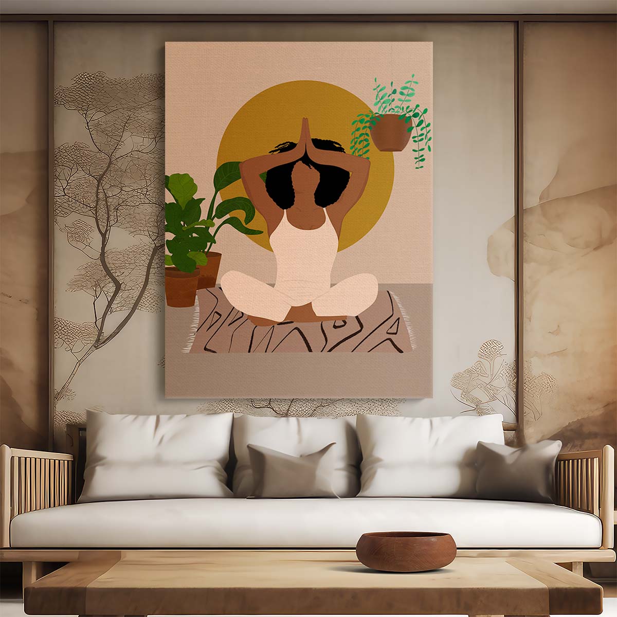 Spiritual Woman Meditating in Serene Botanical Zen Illustration Art by Luxuriance Designs, made in USA