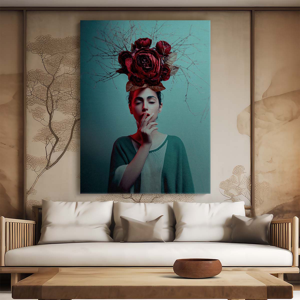 Romantic Floral Woman Portrait - Teal & Red Rose Botanical Photography by Luxuriance Designs, made in USA